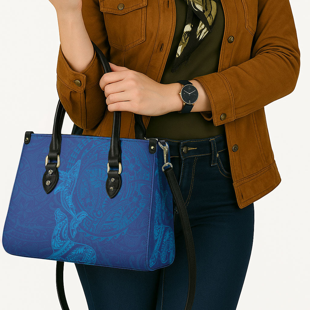 Hawaiian Monk Seal and Whale Leather Bag Kakau Tribal Pattern Blue Color LT03 - Polynesian Pride