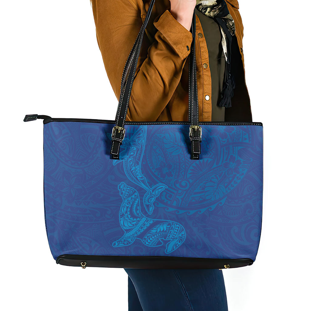 Hawaiian Monk Seal and Whale Leather Tote Bag Kakau Tribal Pattern Blue Color LT03 - Polynesian Pride