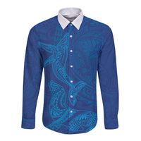 Hawaiian Monk Seal and Whale Long Sleeve Button Shirt Kakau Tribal Pattern Blue Color LT03 Unisex Blue - Polynesian Pride