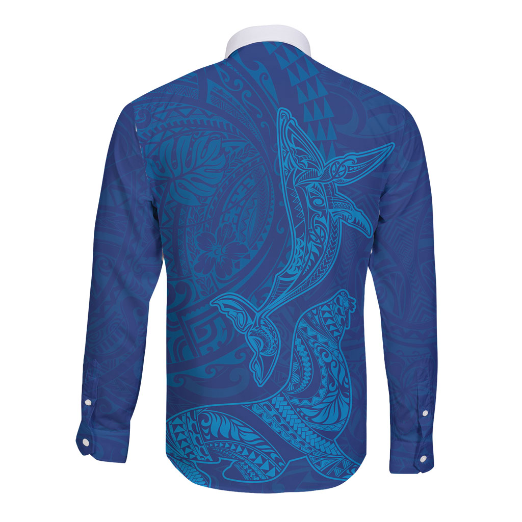 Hawaiian Monk Seal and Whale Long Sleeve Button Shirt Kakau Tribal Pattern Blue Color LT03 - Polynesian Pride