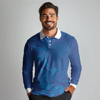 Hawaiian Monk Seal and Whale Long Sleeve Polo Shirt Kakau Tribal Pattern Blue Color