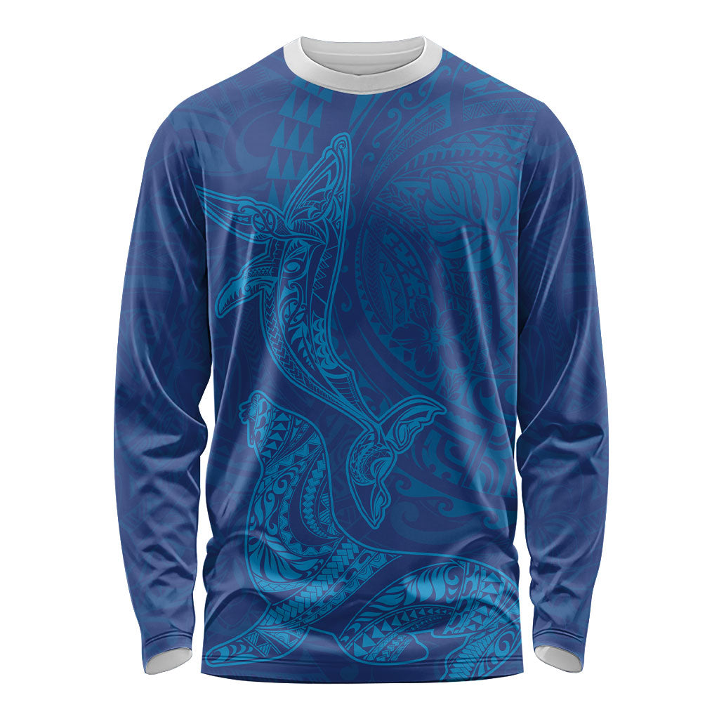 Hawaiian Monk Seal and Whale Long Sleeve Shirt Kakau Tribal Pattern Blue Color