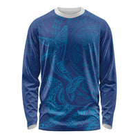 Hawaiian Monk Seal and Whale Long Sleeve Shirt Kakau Tribal Pattern Blue Color