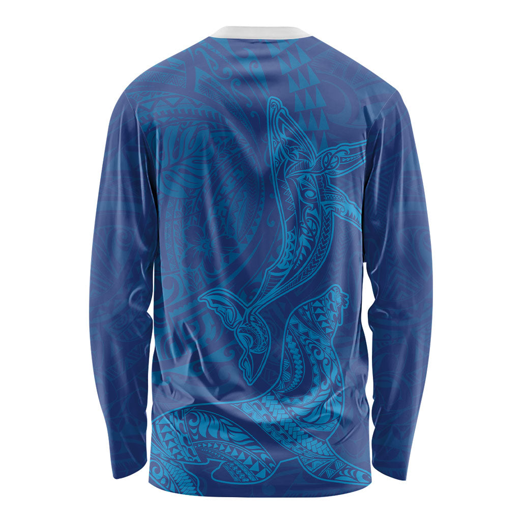 Hawaiian Monk Seal and Whale Long Sleeve Shirt Kakau Tribal Pattern Blue Color