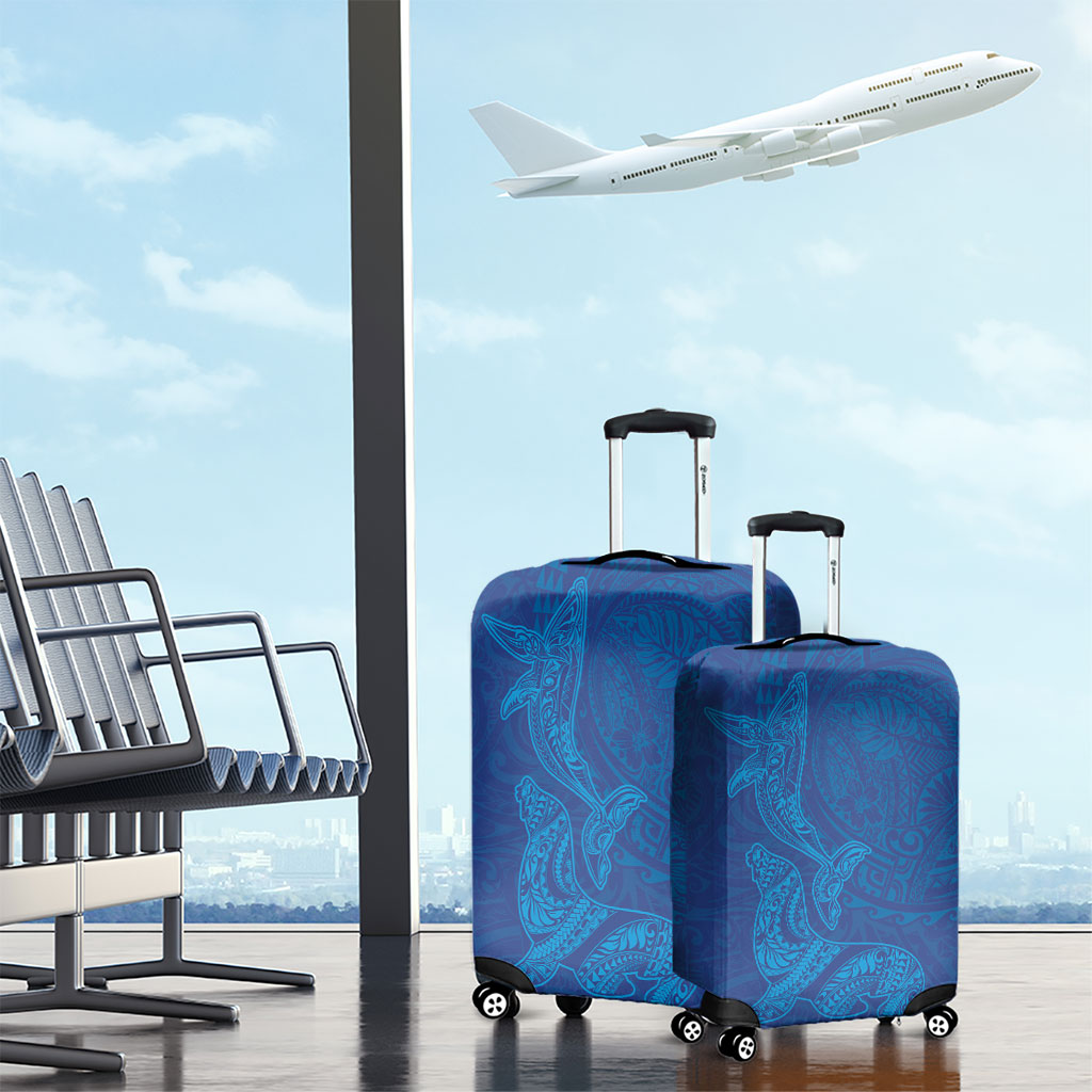 Hawaiian Monk Seal and Whale Luggage Cover Kakau Tribal Pattern Blue Color LT03 - Polynesian Pride