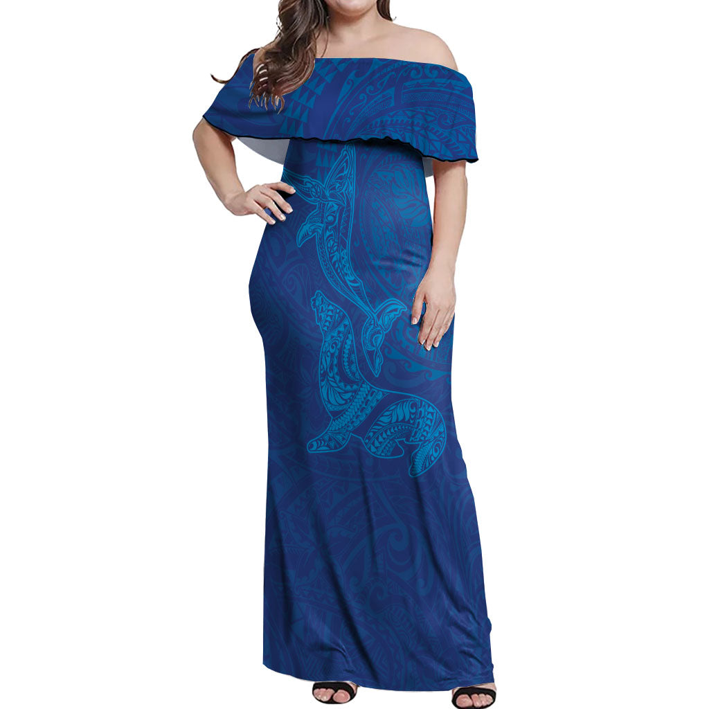 Hawaiian Monk Seal and Whale Off Shoulder Maxi Dress Kakau Tribal Pattern Blue Color LT03 Women Blue - Polynesian Pride