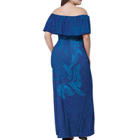 Hawaiian Monk Seal and Whale Off Shoulder Maxi Dress Kakau Tribal Pattern Blue Color LT03 - Polynesian Pride