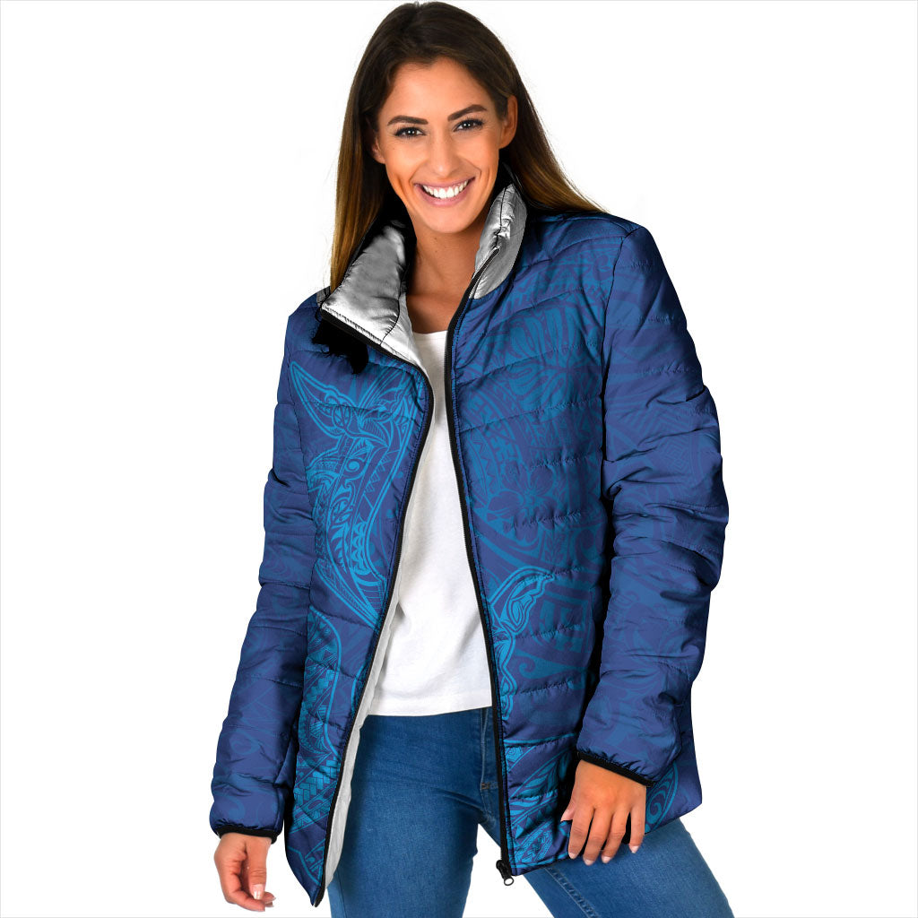 Hawaiian Monk Seal and Whale Padded Jacket Kakau Tribal Pattern Blue Color LT03 Women Blue - Polynesian Pride