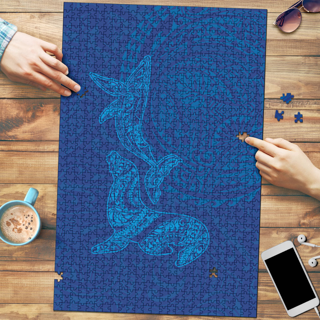 Hawaiian Monk Seal and Whale Puzzle Kakau Tribal Pattern Blue Color LT03 Blue - Polynesian Pride