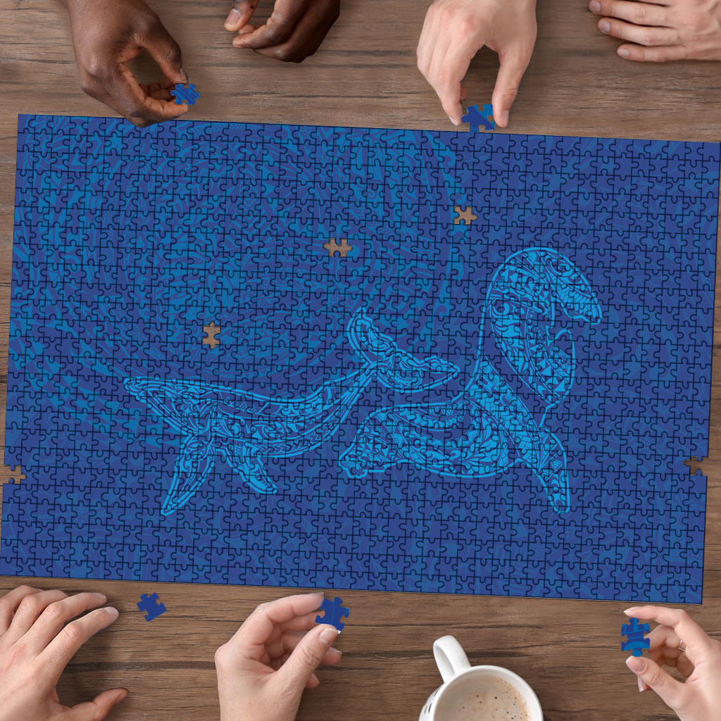 Hawaiian Monk Seal and Whale Puzzle Kakau Tribal Pattern Blue Color LT03 - Polynesian Pride
