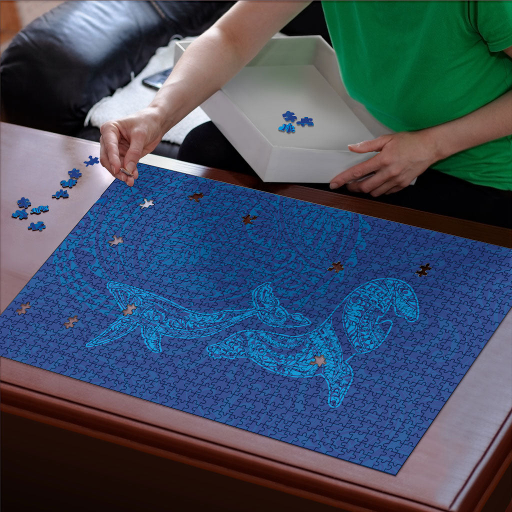 Hawaiian Monk Seal and Whale Puzzle Kakau Tribal Pattern Blue Color LT03 - Polynesian Pride