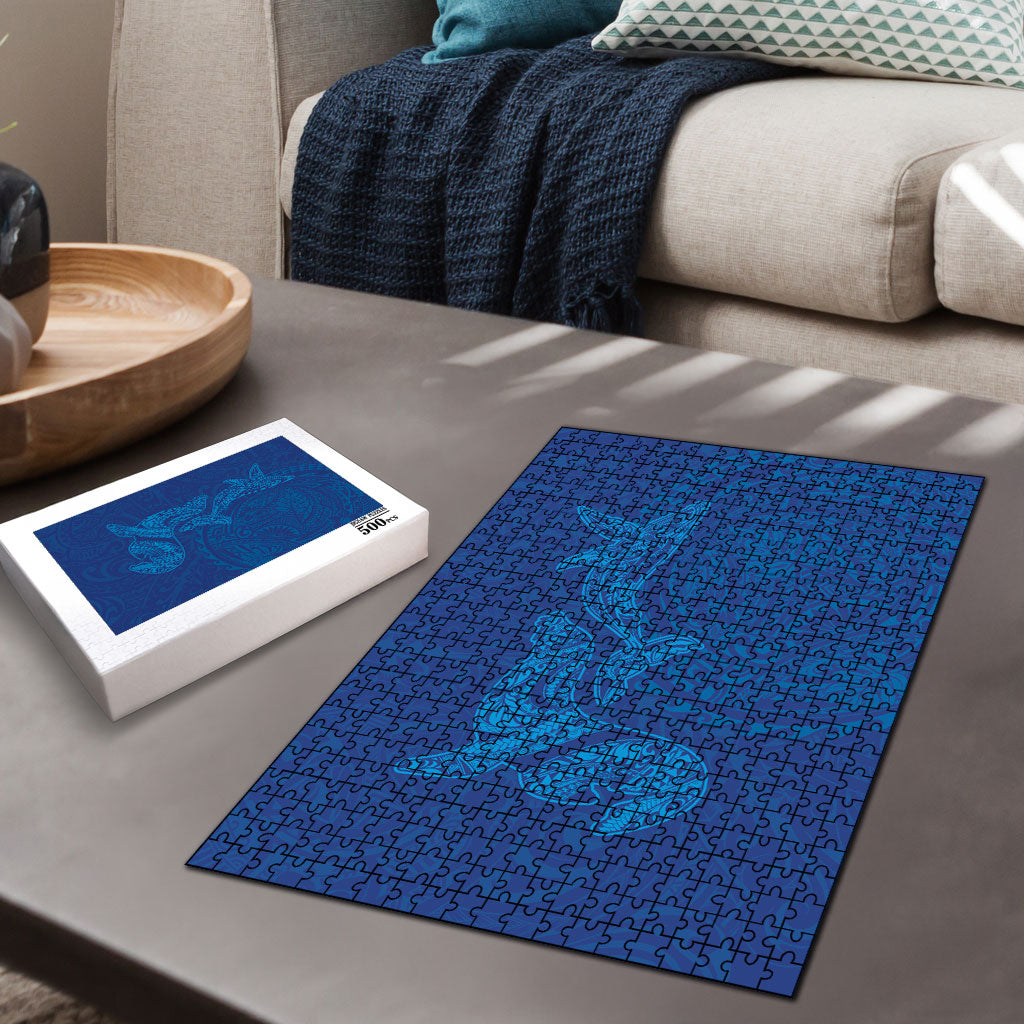Hawaiian Monk Seal and Whale Puzzle Kakau Tribal Pattern Blue Color LT03 - Polynesian Pride