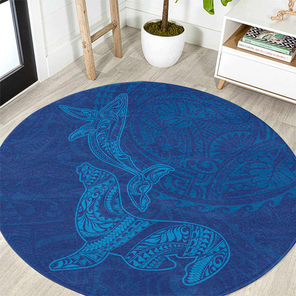 Hawaiian Monk Seal and Whale Round Carpet Kakau Tribal Pattern Blue Color LT03 Blue - Polynesian Pride