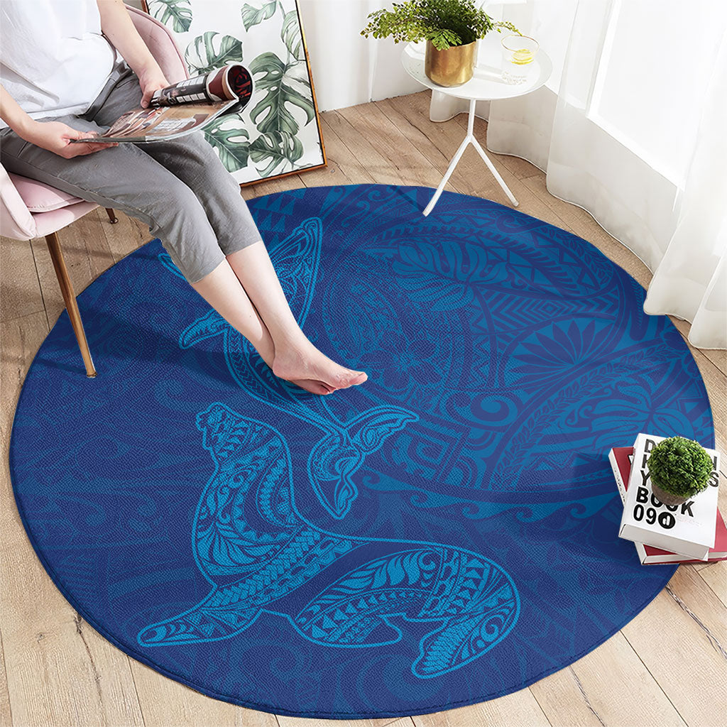 Hawaiian Monk Seal and Whale Round Carpet Kakau Tribal Pattern Blue Color LT03 - Polynesian Pride