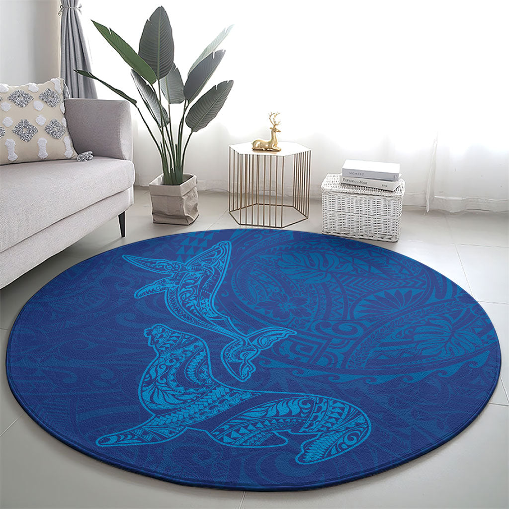 Hawaiian Monk Seal and Whale Round Carpet Kakau Tribal Pattern Blue Color LT03 - Polynesian Pride