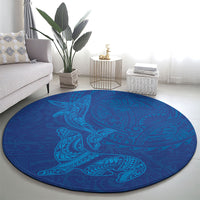 Hawaiian Monk Seal and Whale Round Carpet Kakau Tribal Pattern Blue Color LT03 - Polynesian Pride