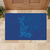 Hawaiian Monk Seal and Whale Rubber Doormat Kakau Tribal Pattern Blue Color