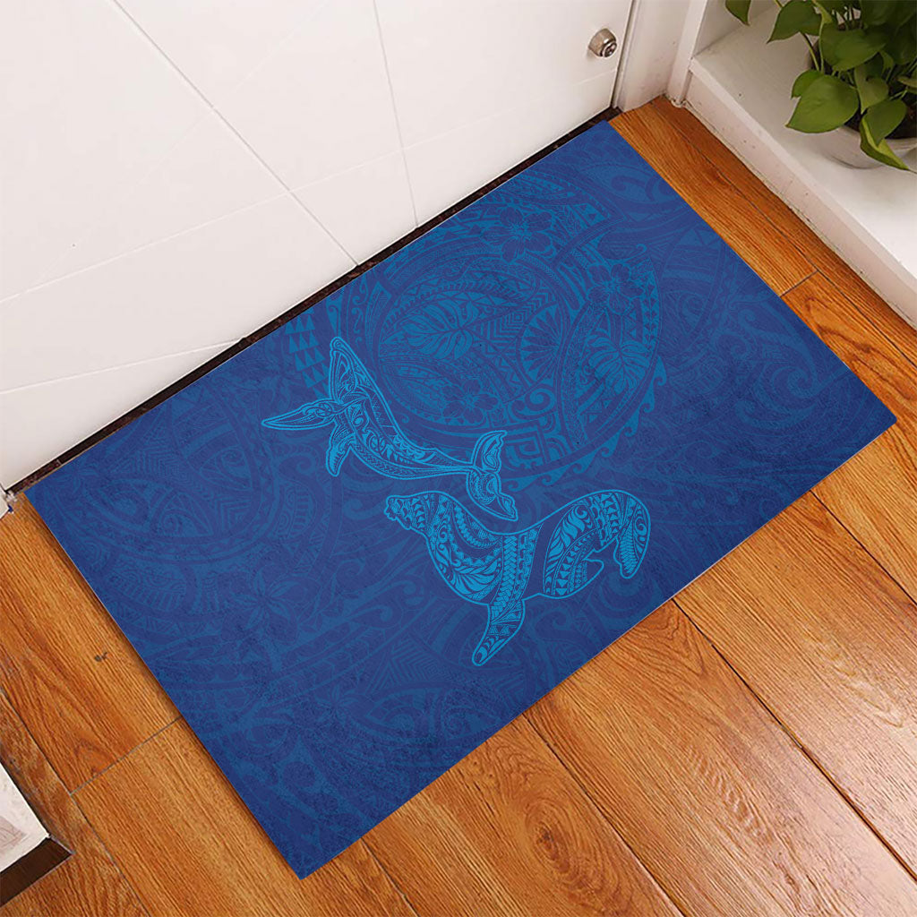 Hawaiian Monk Seal and Whale Rubber Doormat Kakau Tribal Pattern Blue Color