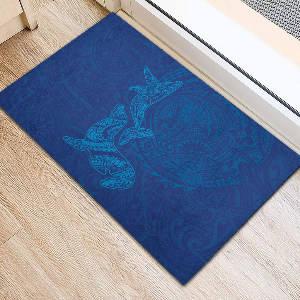 Hawaiian Monk Seal and Whale Rubber Doormat Kakau Tribal Pattern Blue Color