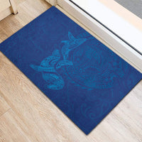 Hawaiian Monk Seal and Whale Rubber Doormat Kakau Tribal Pattern Blue Color