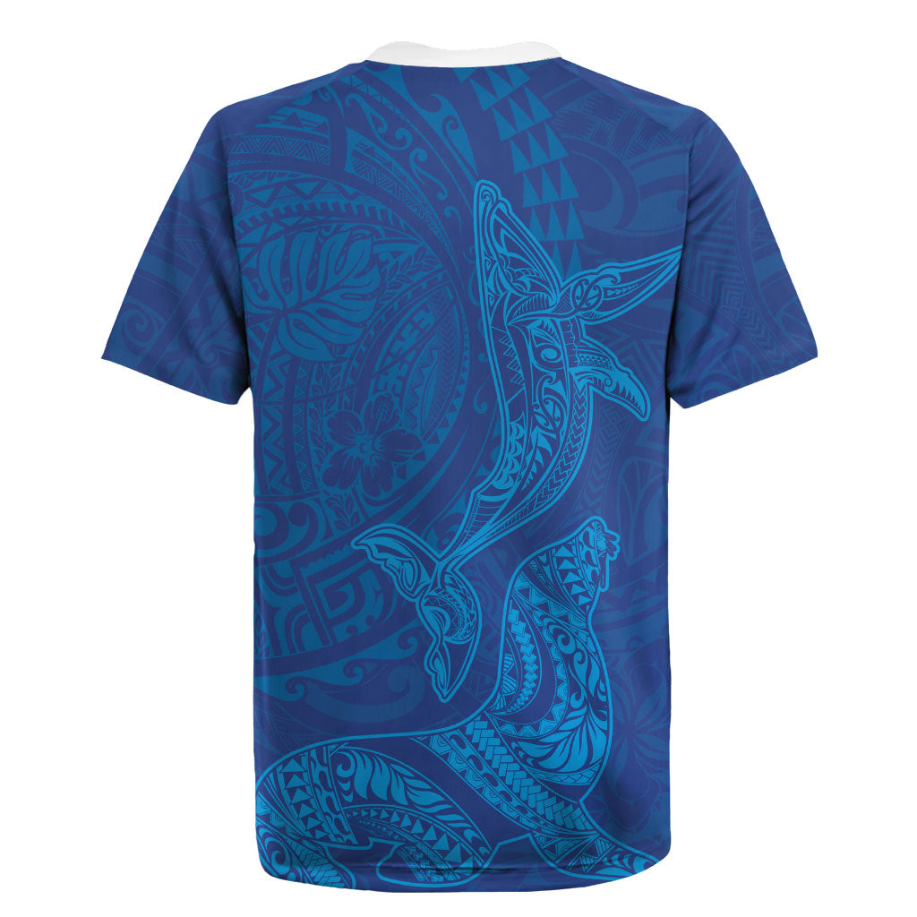 Hawaiian Monk Seal and Whale Rugby Jersey Kakau Tribal Pattern Blue Color LT03 - Polynesian Pride