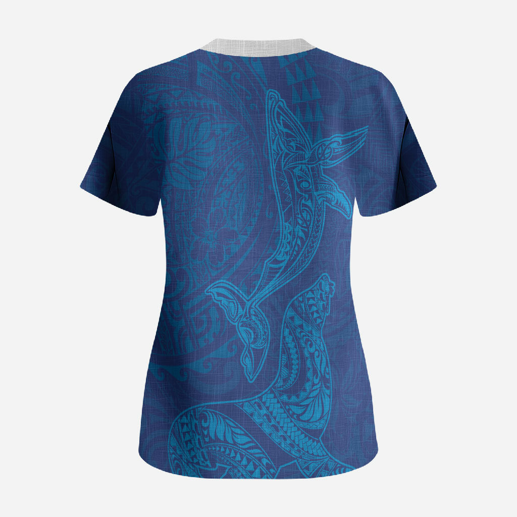 Hawaiian Monk Seal and Whale Scrub Top Kakau Tribal Pattern Blue Color LT03 - Polynesian Pride