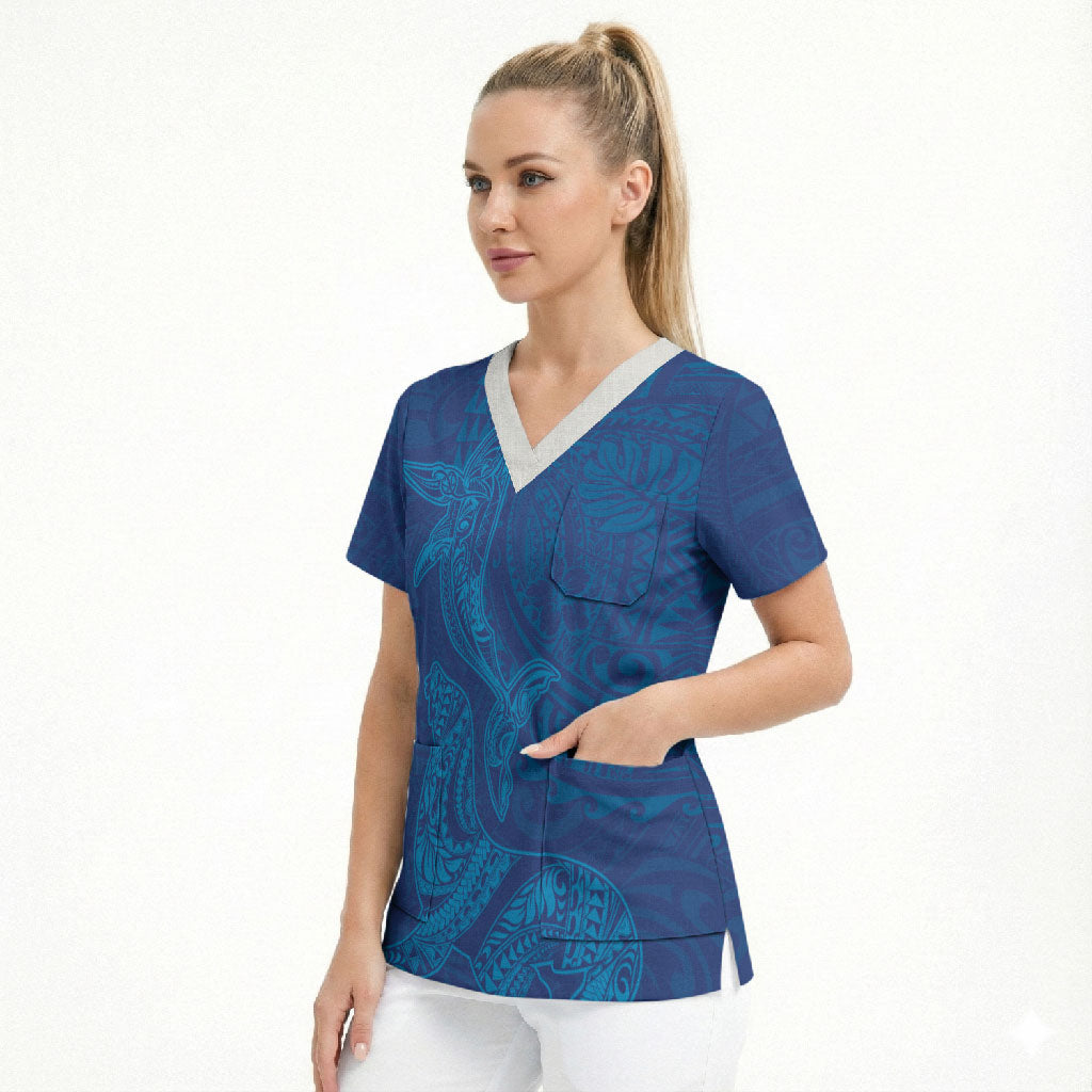 Hawaiian Monk Seal and Whale Scrub Top Kakau Tribal Pattern Blue Color LT03 - Polynesian Pride