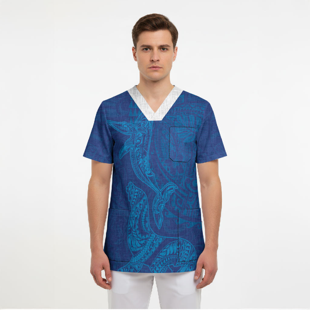 Hawaiian Monk Seal and Whale Scrub Top Kakau Tribal Pattern Blue Color LT03 - Polynesian Pride