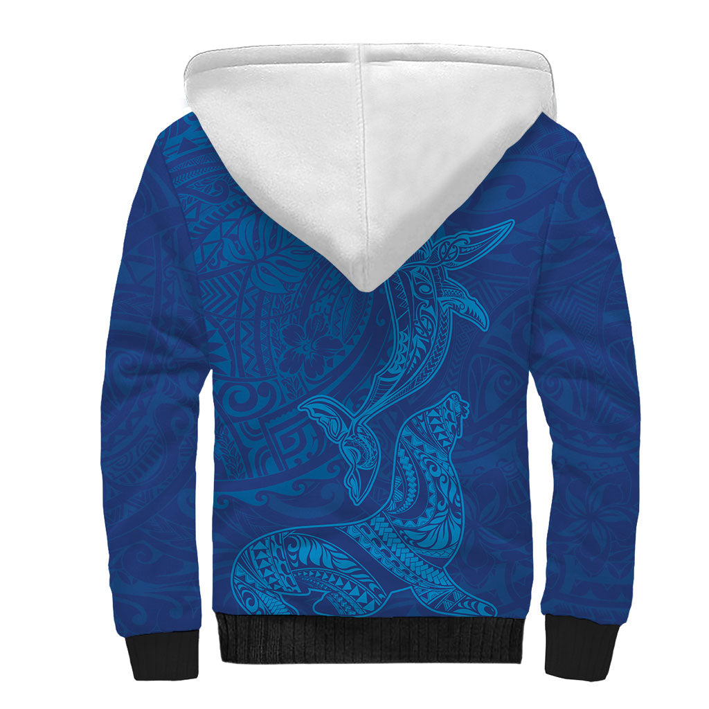 Hawaiian Monk Seal and Whale Sherpa Hoodie Kakau Tribal Pattern Blue Color LT03 - Polynesian Pride