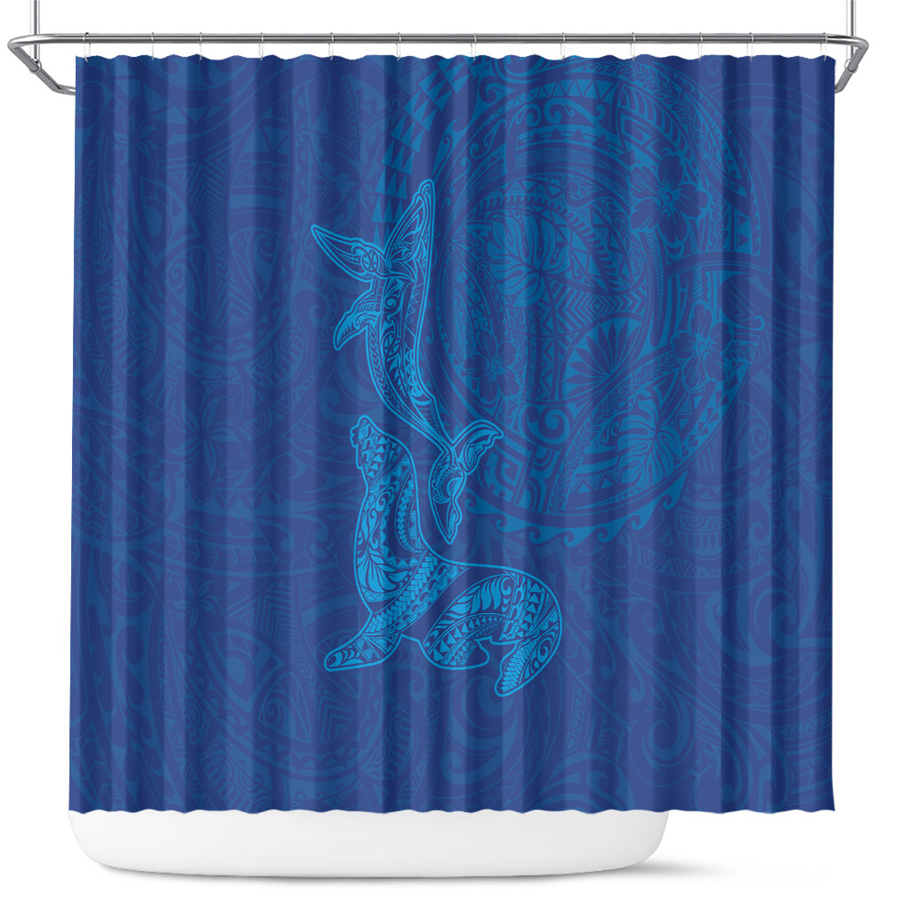 Hawaiian Monk Seal and Whale Shower Curtain Kakau Tribal Pattern Blue Color LT03 Blue - Polynesian Pride