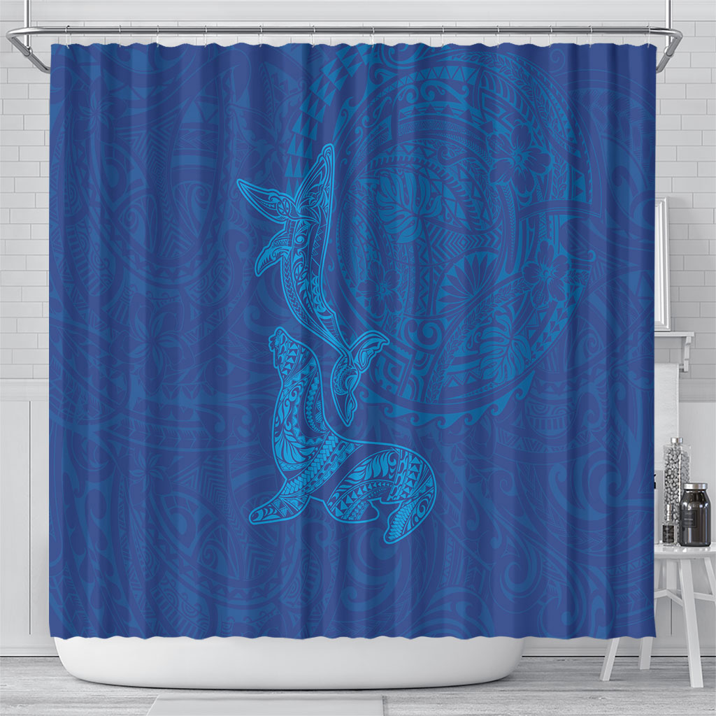 Hawaiian Monk Seal and Whale Shower Curtain Kakau Tribal Pattern Blue Color LT03 - Polynesian Pride
