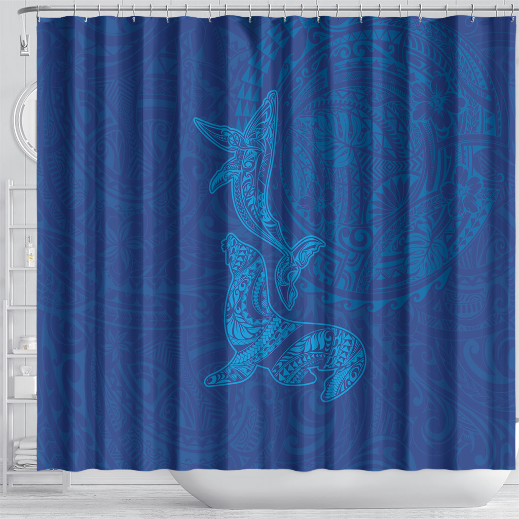 Hawaiian Monk Seal and Whale Shower Curtain Kakau Tribal Pattern Blue Color LT03 - Polynesian Pride