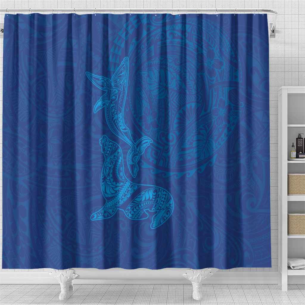 Hawaiian Monk Seal and Whale Shower Curtain Kakau Tribal Pattern Blue Color LT03 - Polynesian Pride