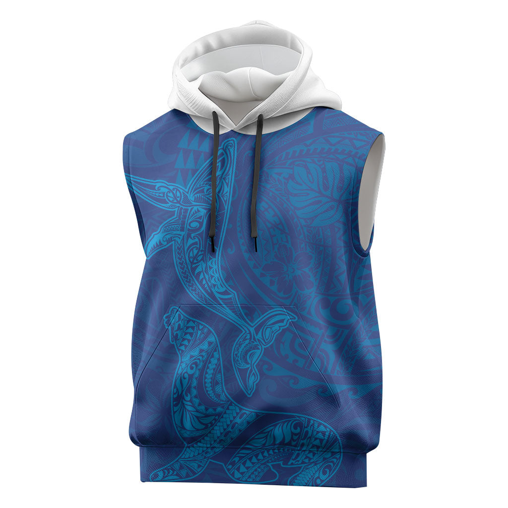 Hawaiian Monk Seal and Whale Sleeveless Hoodie Kakau Tribal Pattern Blue Color