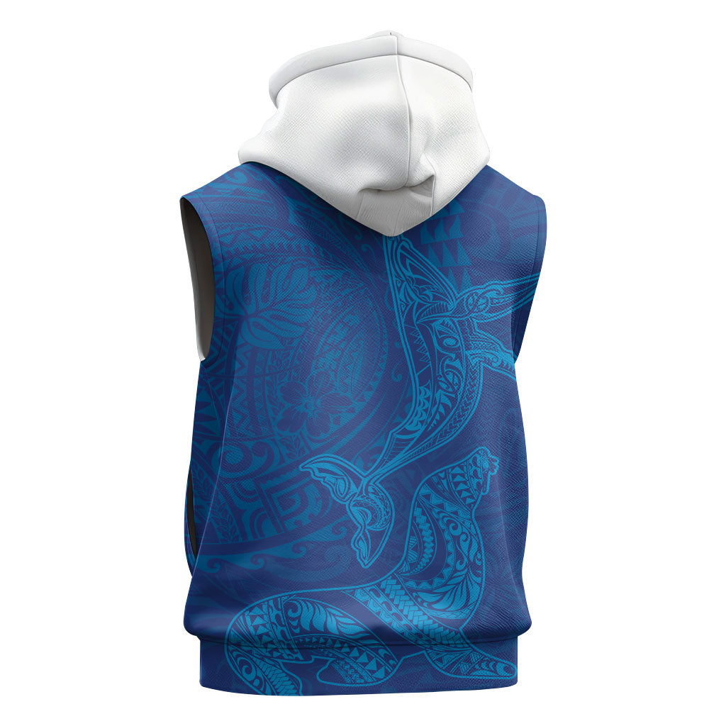 Hawaiian Monk Seal and Whale Sleeveless Hoodie Kakau Tribal Pattern Blue Color