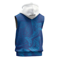 Hawaiian Monk Seal and Whale Sleeveless Hoodie Kakau Tribal Pattern Blue Color