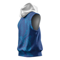 Hawaiian Monk Seal and Whale Sleeveless Hoodie Kakau Tribal Pattern Blue Color