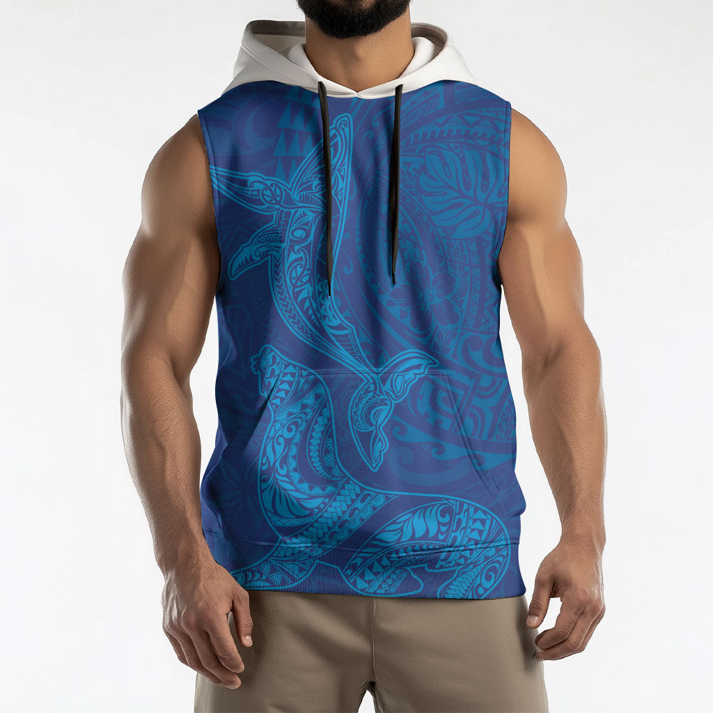 Hawaiian Monk Seal and Whale Sleeveless Hoodie Kakau Tribal Pattern Blue Color