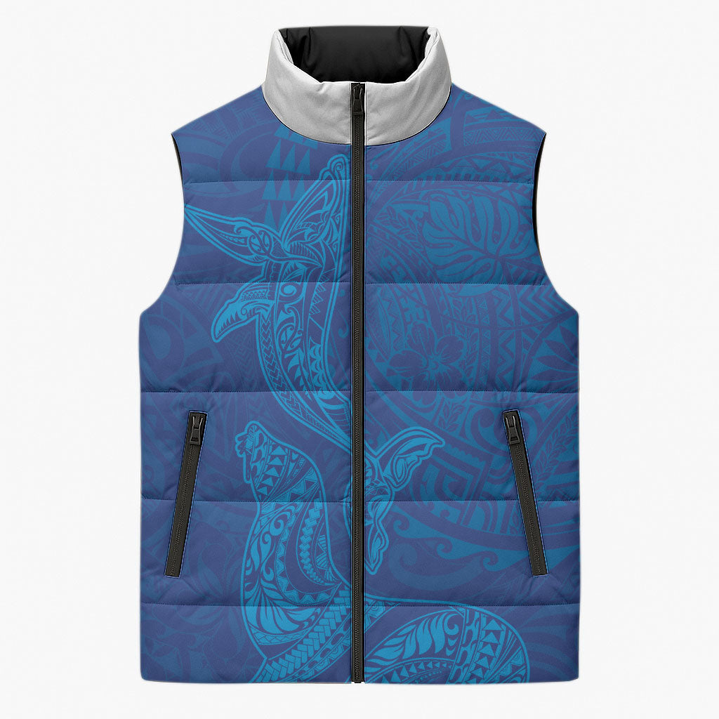 Hawaiian Monk Seal and Whale Sleeveless Puffer Jacket Kakau Tribal Pattern Blue Color LT03 Unisex Blue - Polynesian Pride
