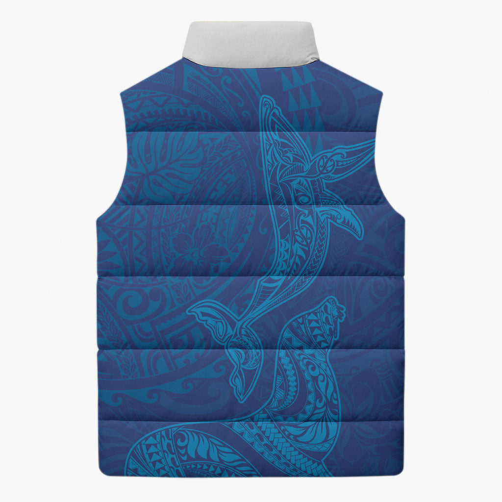 Hawaiian Monk Seal and Whale Sleeveless Puffer Jacket Kakau Tribal Pattern Blue Color LT03 - Polynesian Pride