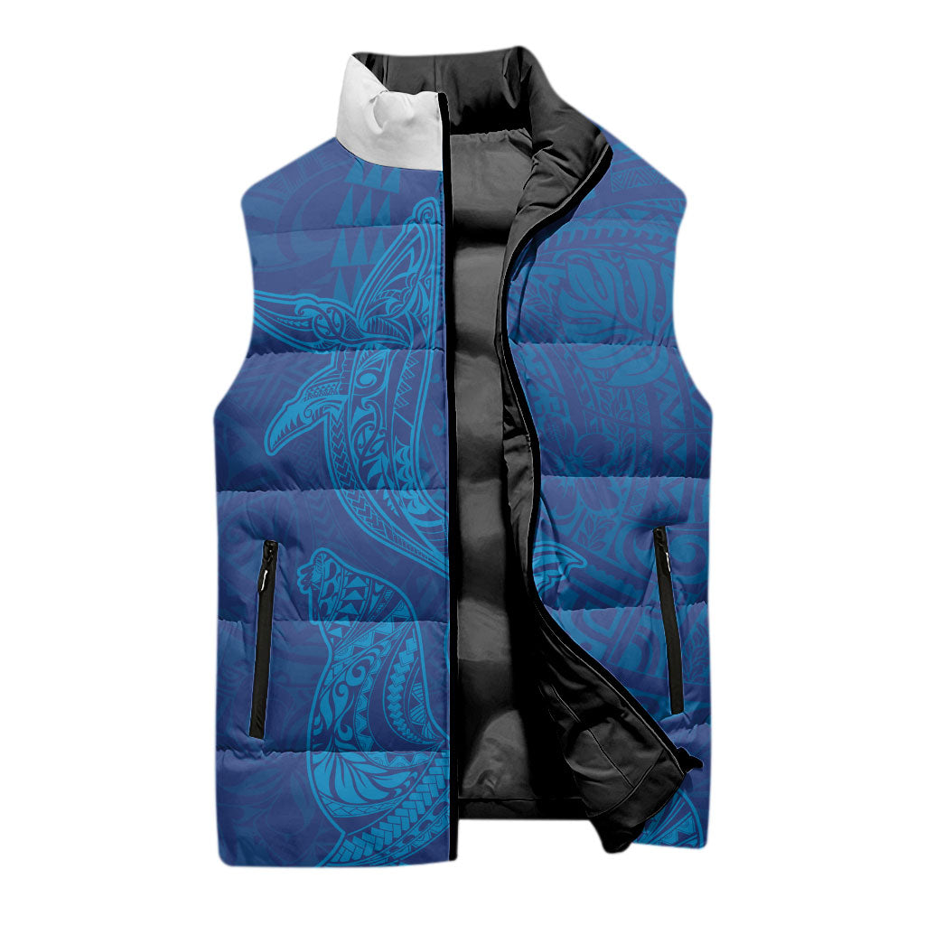 Hawaiian Monk Seal and Whale Sleeveless Puffer Jacket Kakau Tribal Pattern Blue Color LT03 - Polynesian Pride