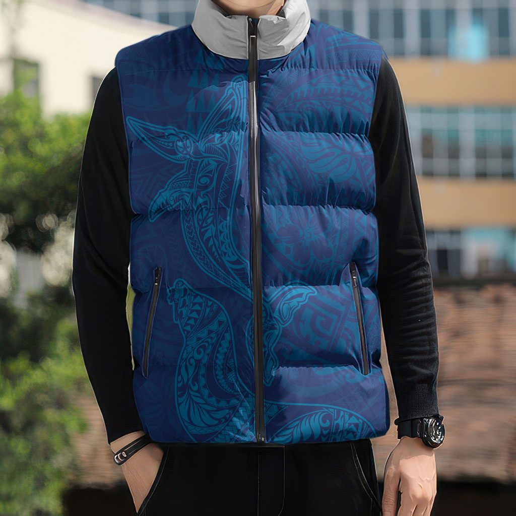 Hawaiian Monk Seal and Whale Sleeveless Puffer Jacket Kakau Tribal Pattern Blue Color LT03 - Polynesian Pride