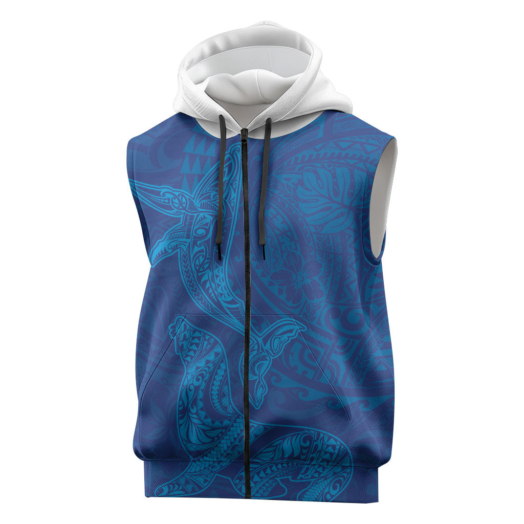 Hawaiian Monk Seal and Whale Sleeveless Zip Hoodie Kakau Tribal Pattern Blue Color LT03 Blue - Polynesian Pride