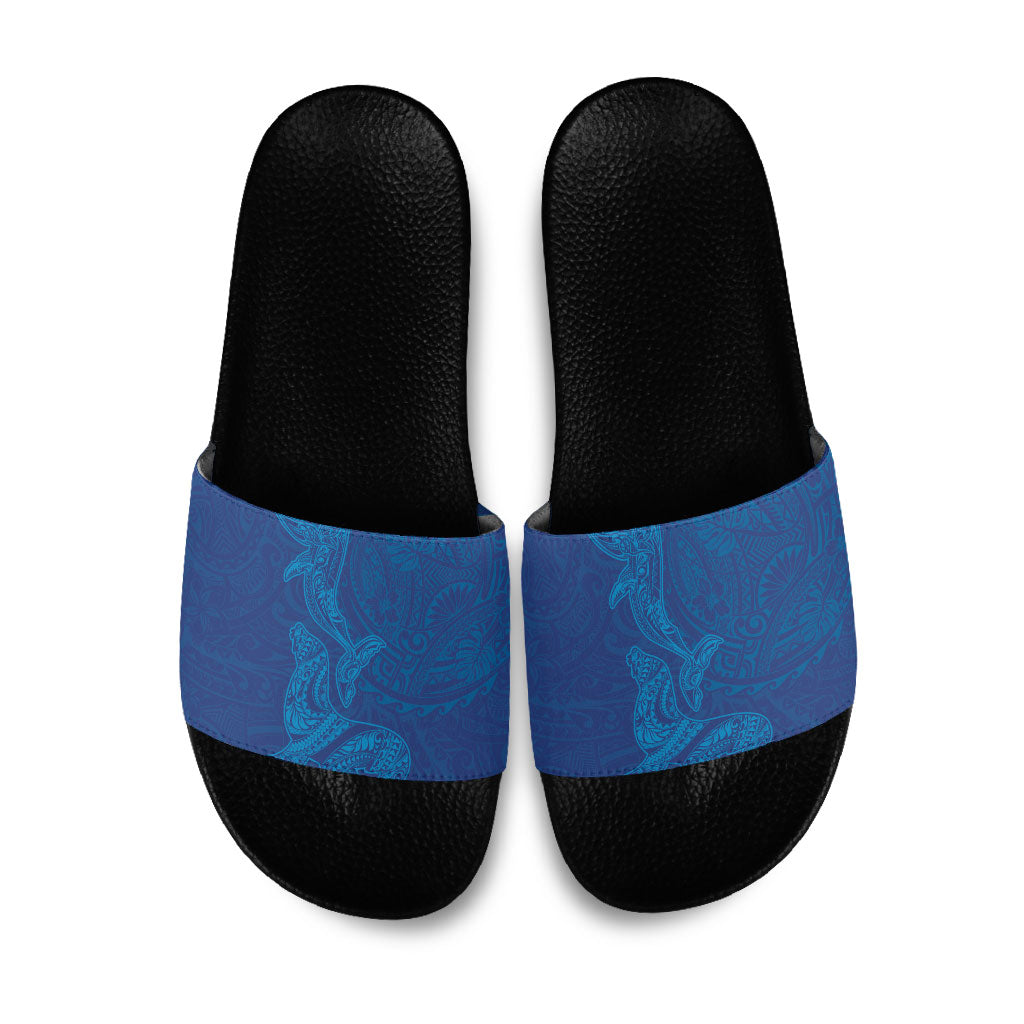 Hawaiian Monk Seal and Whale Slide Sandals Kakau Tribal Pattern Blue Color LT03 Blue - Polynesian Pride