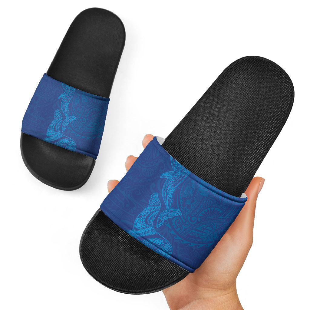 Hawaiian Monk Seal and Whale Slide Sandals Kakau Tribal Pattern Blue Color LT03 - Polynesian Pride