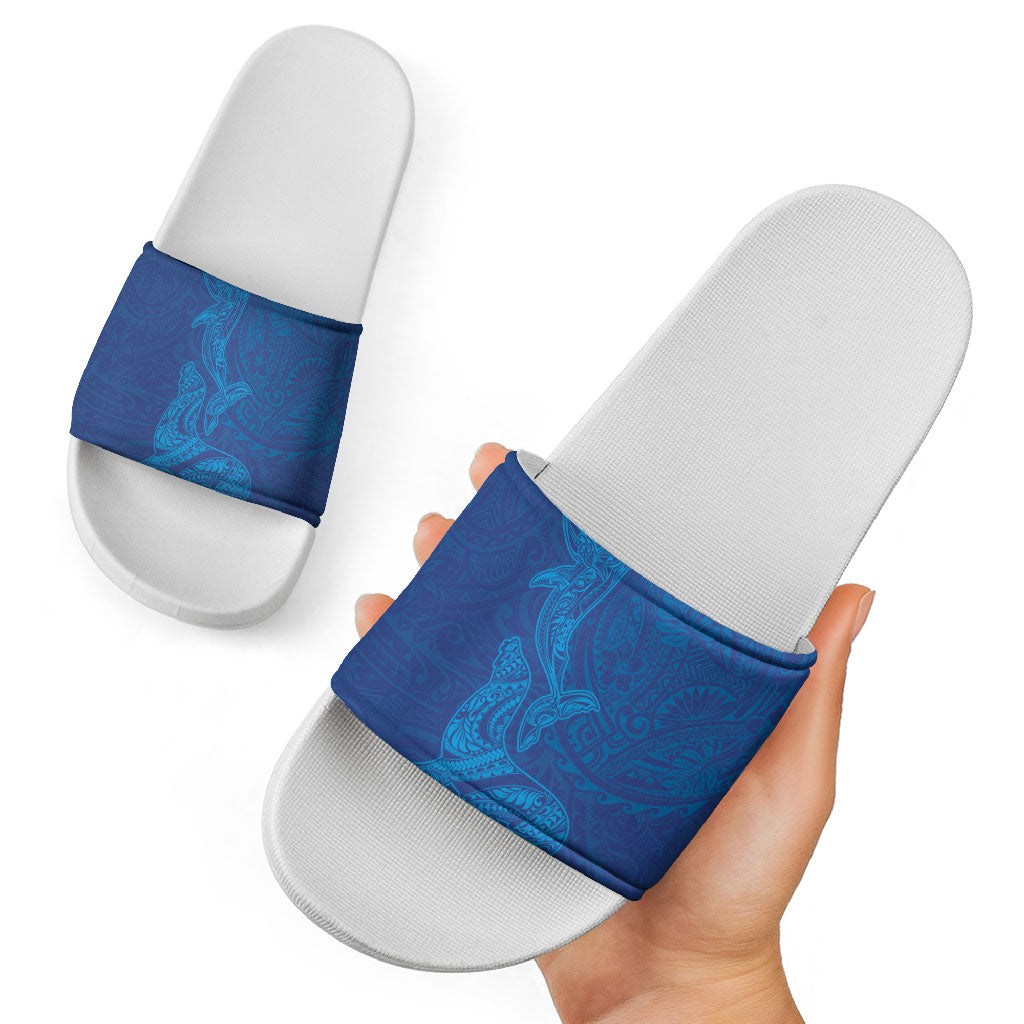Hawaiian Monk Seal and Whale Slide Sandals Kakau Tribal Pattern Blue Color LT03 - Polynesian Pride