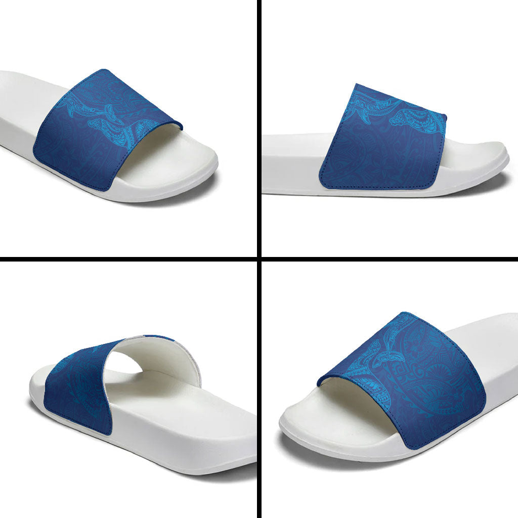 Hawaiian Monk Seal and Whale Slide Sandals Kakau Tribal Pattern Blue Color LT03 - Polynesian Pride