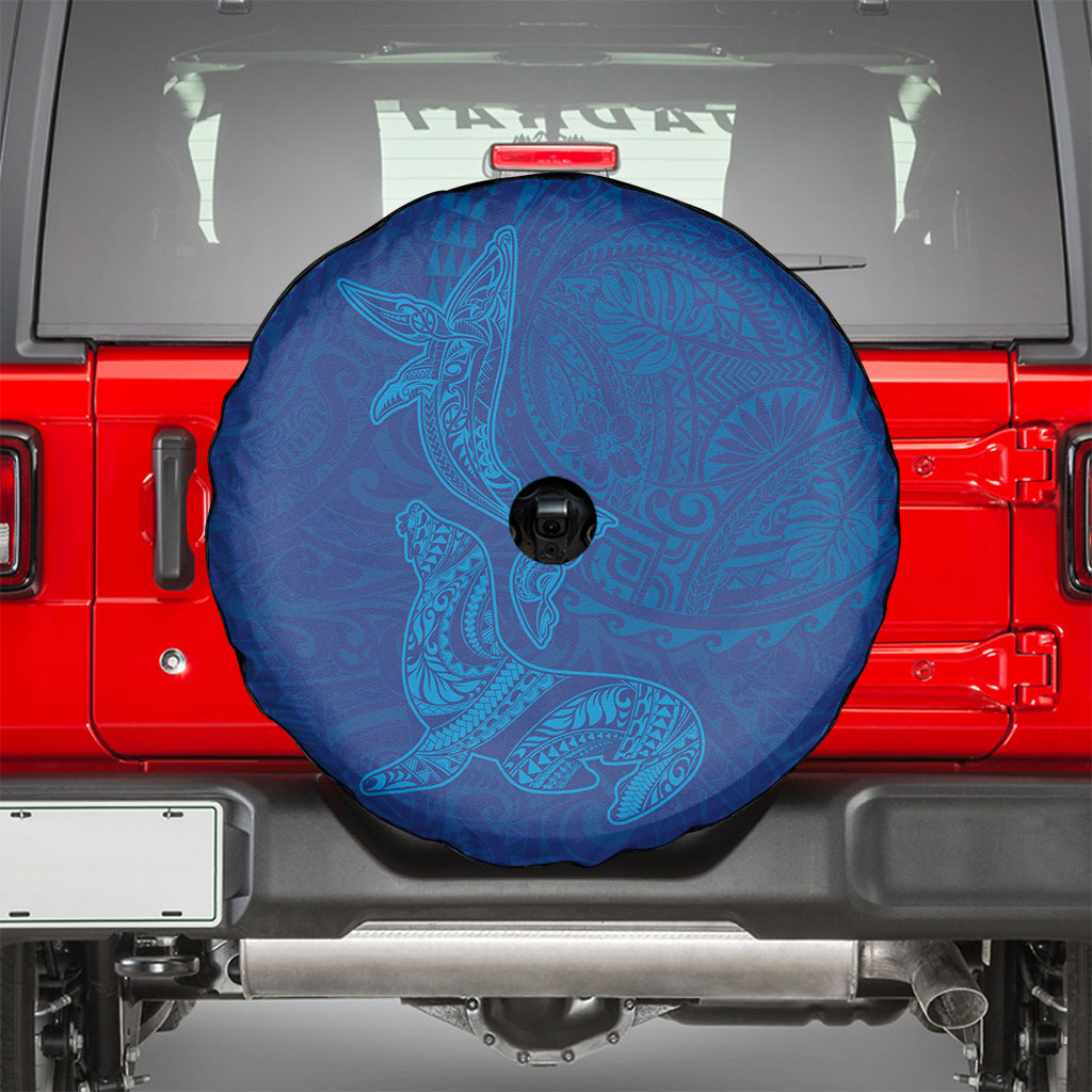 Hawaiian Monk Seal and Whale Spare Tire Cover Kakau Tribal Pattern Blue Color LT03 - Polynesian Pride