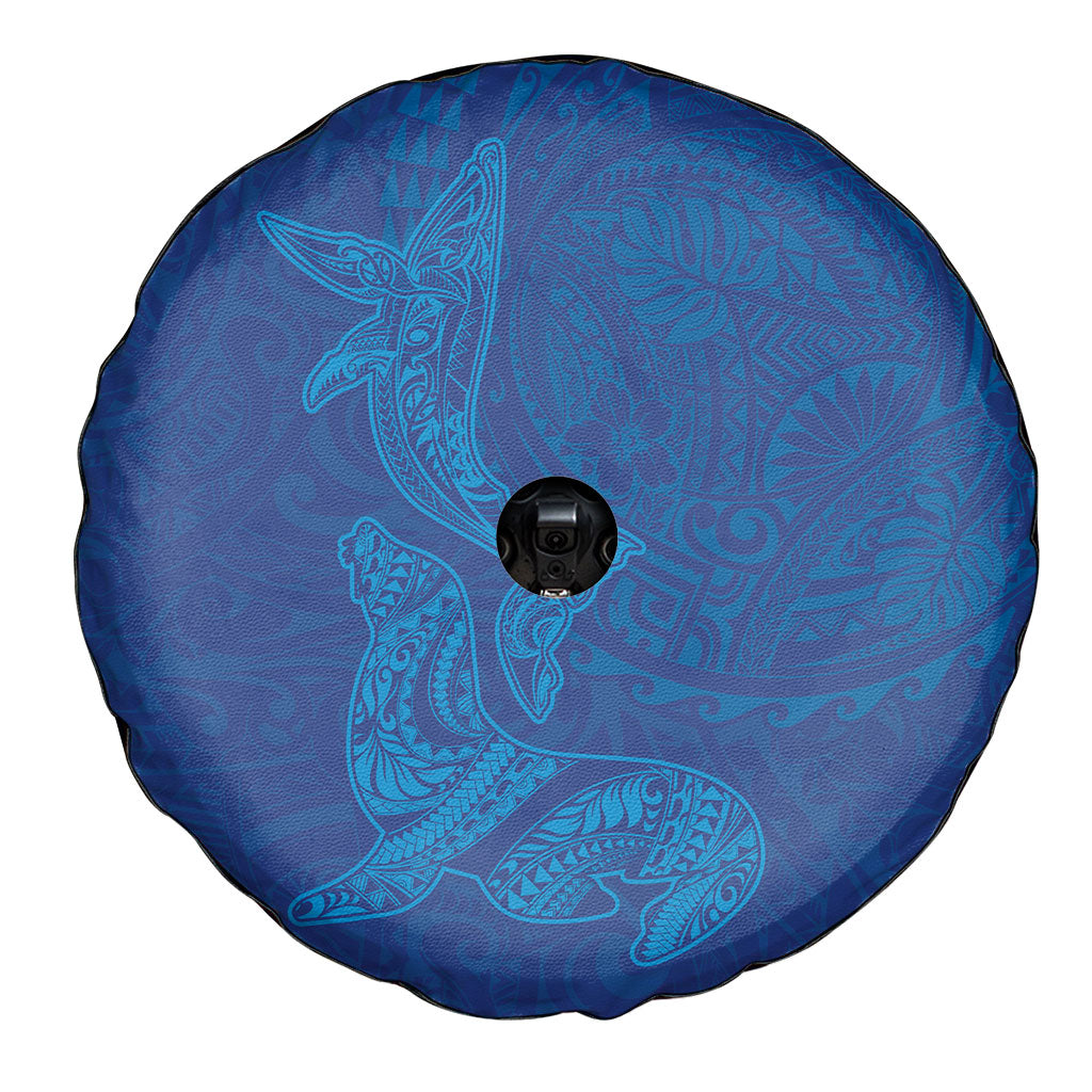 Hawaiian Monk Seal and Whale Spare Tire Cover Kakau Tribal Pattern Blue Color LT03 - Polynesian Pride