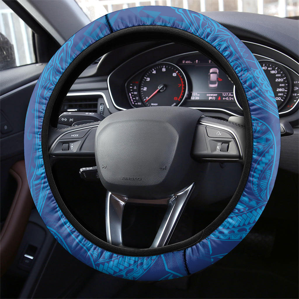 Hawaiian Monk Seal and Whale Steering Wheel Cover Kakau Tribal Pattern Blue Color LT03 - Polynesian Pride